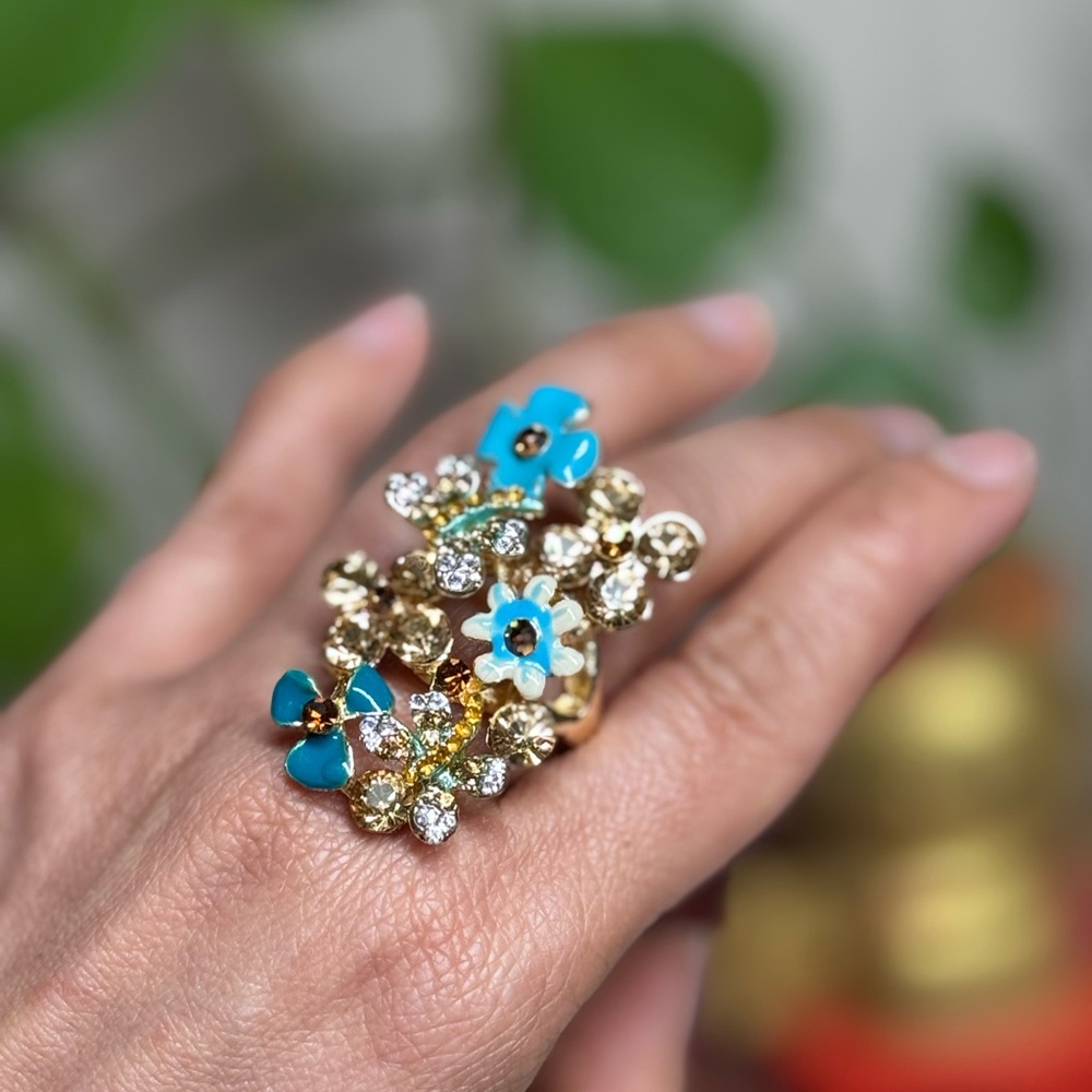 Floral Rhinestone Statement Ring Turquoise Enamel Gold Tone Cocktail Ring
